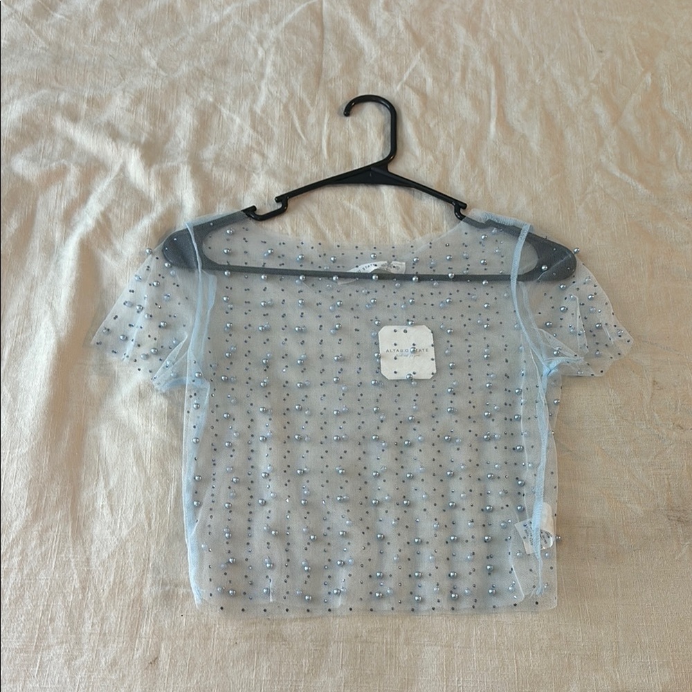 Altar'd State Light Blue Sheer Embellished Blouse